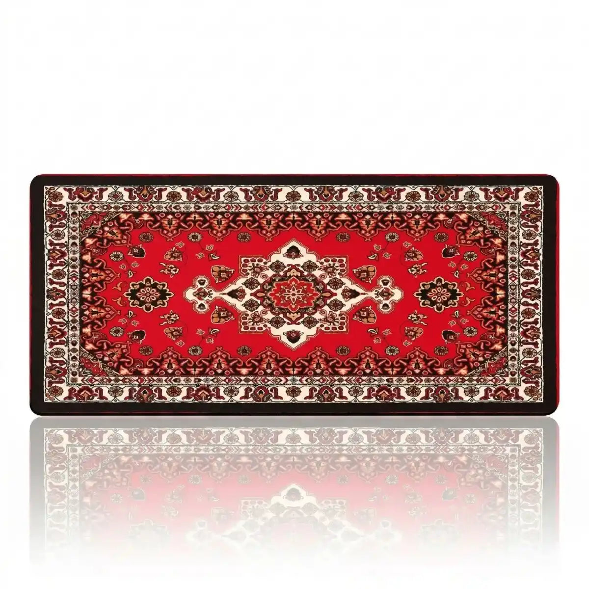 Tapis de souris Atlas Heritage XXL en tissu micro-tissé, enroulé pour montrer son design persan traditionnel rouge et noir sur un fond blanc.