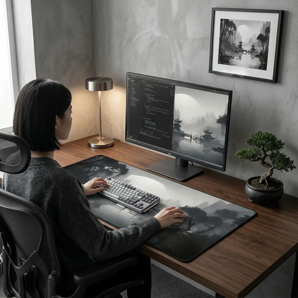 Vue d'un espace de travail complet avec un utilisateur de dos utilisant le tapis de souris Kuro Flow sur un bureau en bois. Le moniteur et un cadre au mur affichent l'estampe de précision et d'élégance. Tissage micro-texturé XXL.
