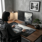 Vue d'un espace de travail complet avec un utilisateur de dos utilisant le tapis de souris Kuro Flow sur un bureau en bois. Le moniteur et un cadre au mur affichent l'estampe de précision et d'élégance. Tissage micro-texturé XXL.