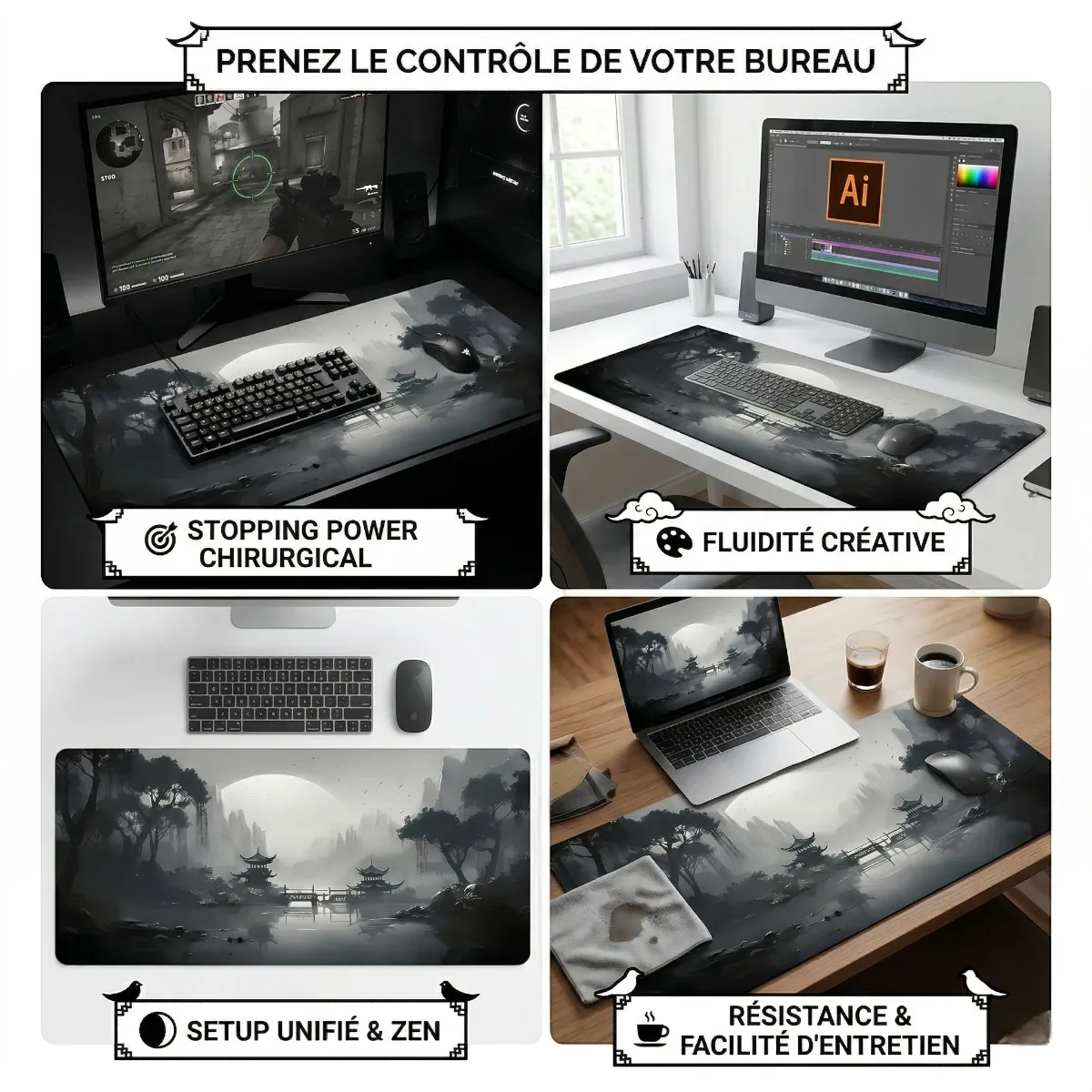 Mosaïque de quatre images montrant les contextes d'utilisation du tapis de souris Kuro Flow : jeu compétitif (stopping power), création graphique (fluidité), bureau zen, et résistance. Tissage micro-texturé XXL pour précision et élégance.
