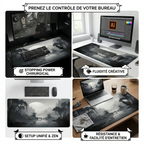 Mosaïque de quatre images montrant les contextes d'utilisation du tapis de souris Kuro Flow : jeu compétitif (stopping power), création graphique (fluidité), bureau zen, et résistance. Tissage micro-texturé XXL pour précision et élégance.