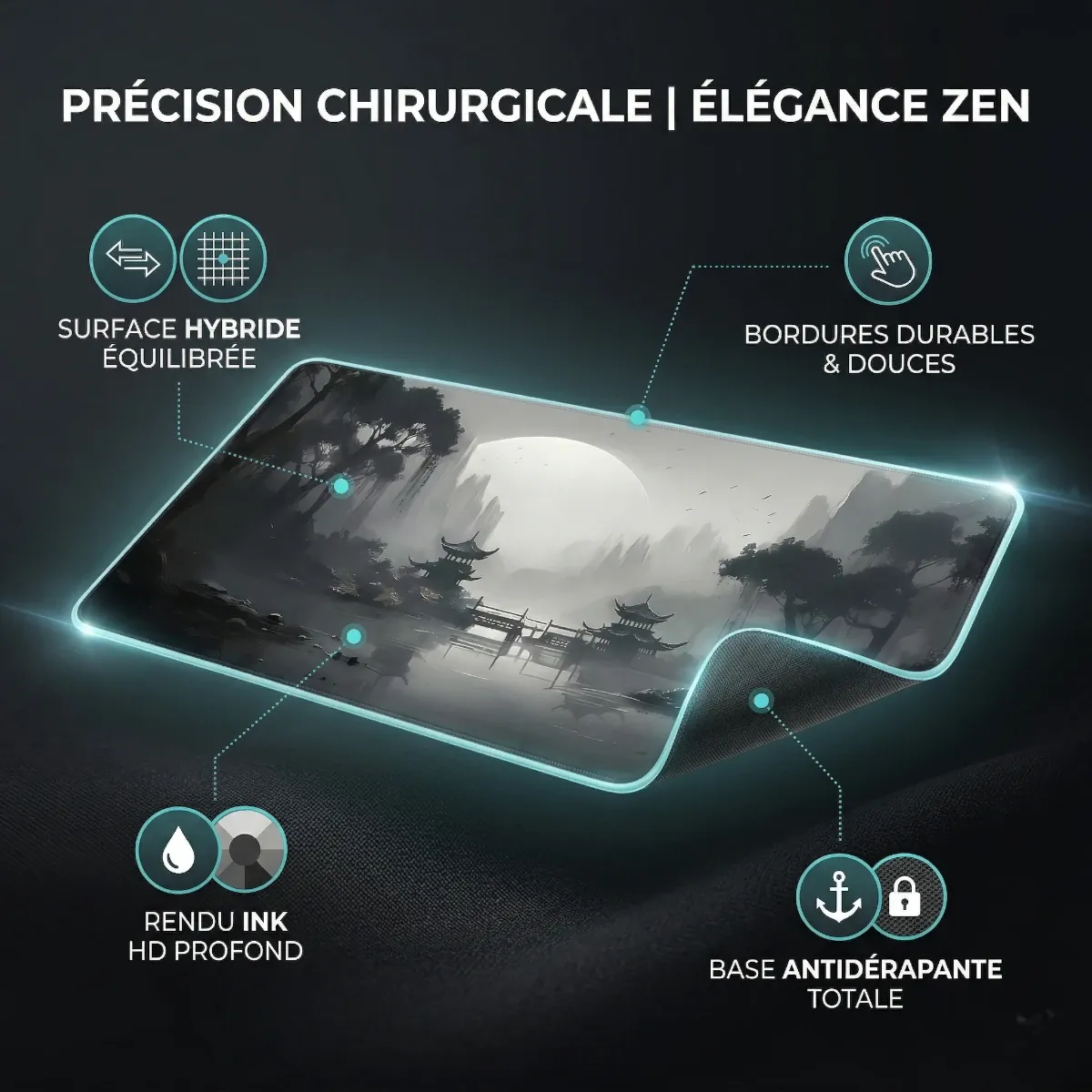 Infographie détaillée du tapis de souris Kuro Flow montrant ses caractéristiques : surface hybride, bordures durables et douces, rendu ink HD profond, et base antidérapante totale. Tissage micro-texturé XXL pour précision et élégance.