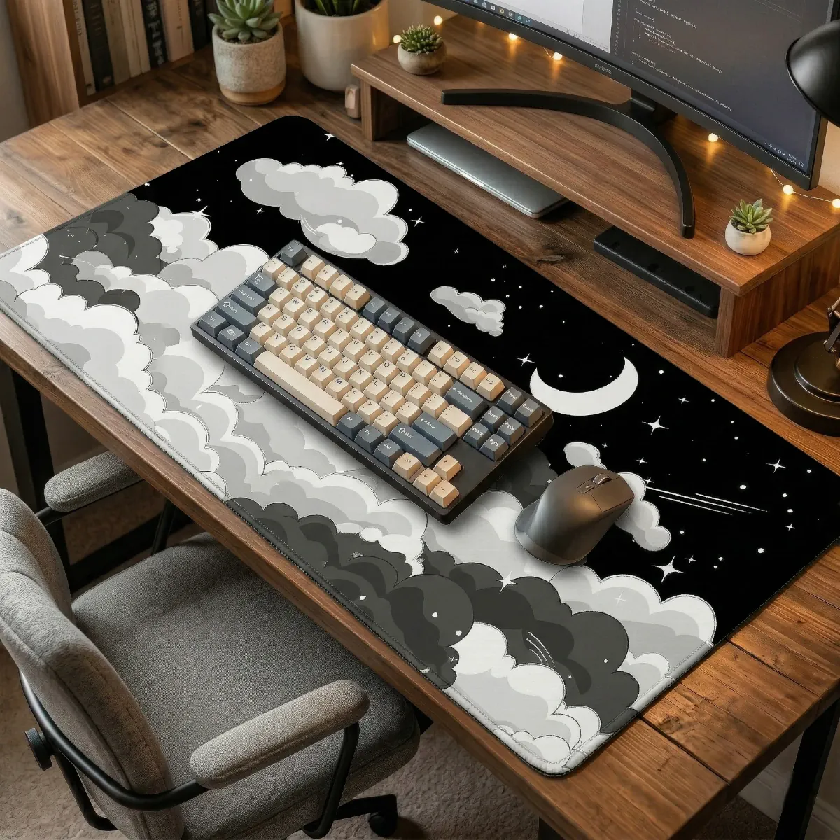 Tapis de souris XXL Skyscape sur un bureau en bois rustique avec un clavier mécanique rétro-éclairé et une souris de jeu, illustrant un setup unifié.