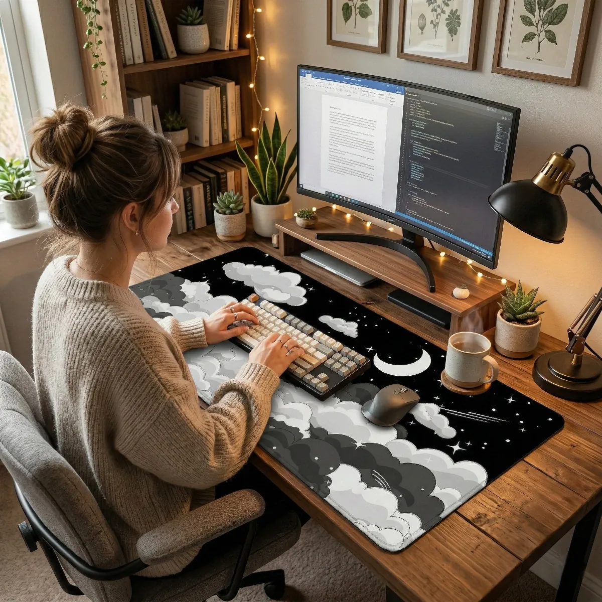 Une joueuse utilisant le tapis de souris XXL Skyscape sur son bureau gaming en bois avec clavier mécanique et moniteur, montrant l'espace généreux de glisse.