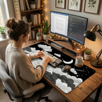 Une joueuse utilisant le tapis de souris XXL Skyscape sur son bureau gaming en bois avec clavier mécanique et moniteur, montrant l'espace généreux de glisse.