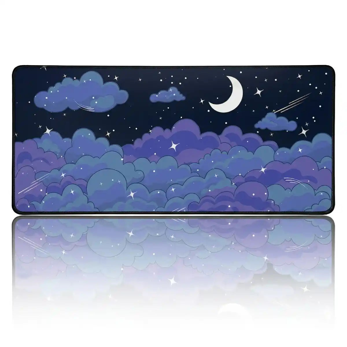 Tapis de souris XXL Skyscape de couleur bleu galaxie profond avec lune, étoiles et nuages, parfait pour une ambiance spatiale.