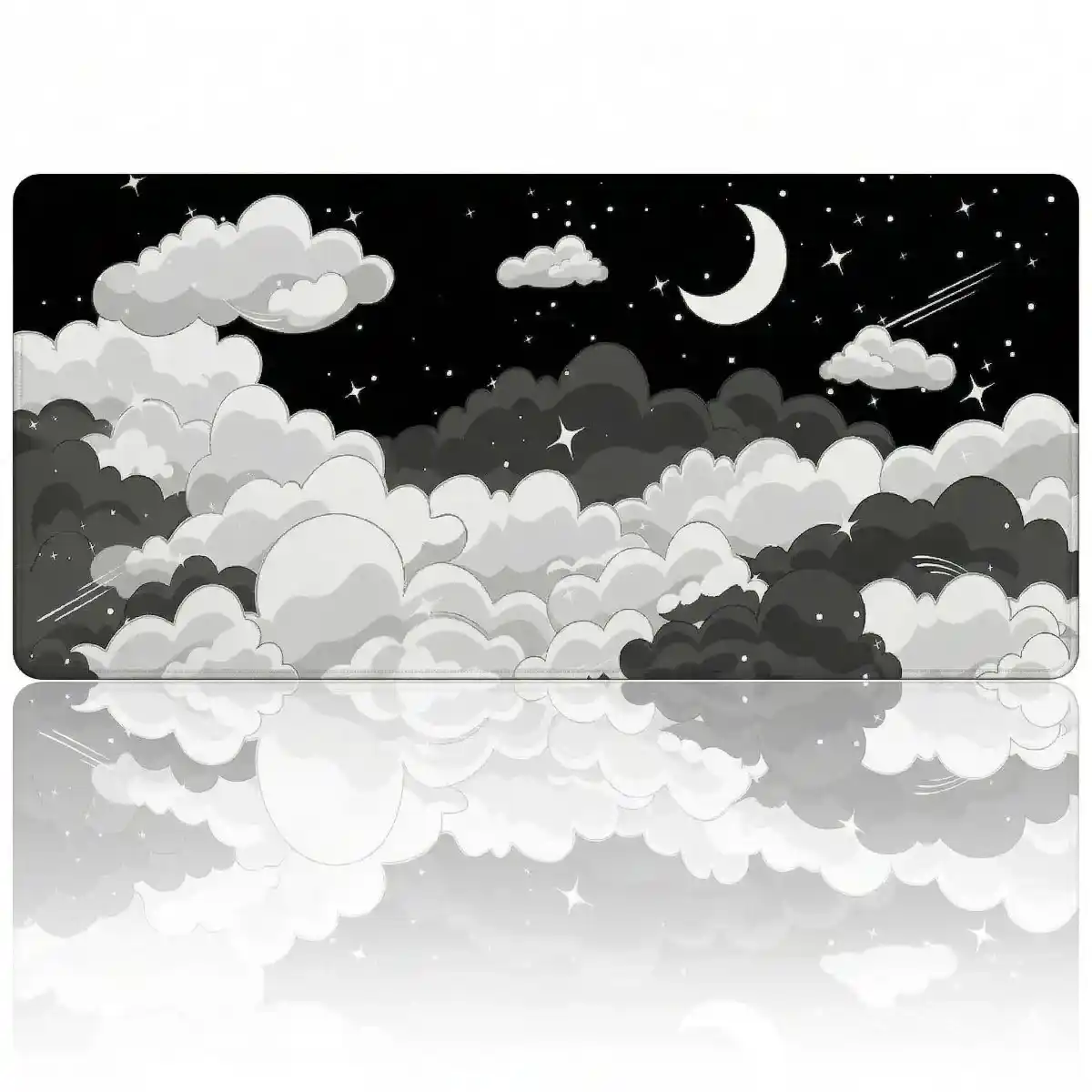 Image principale du tapis de souris XXL Skyscape de couleur noir et blanc avec le motif signature de nuages et lune, montrant la texture haute densité.