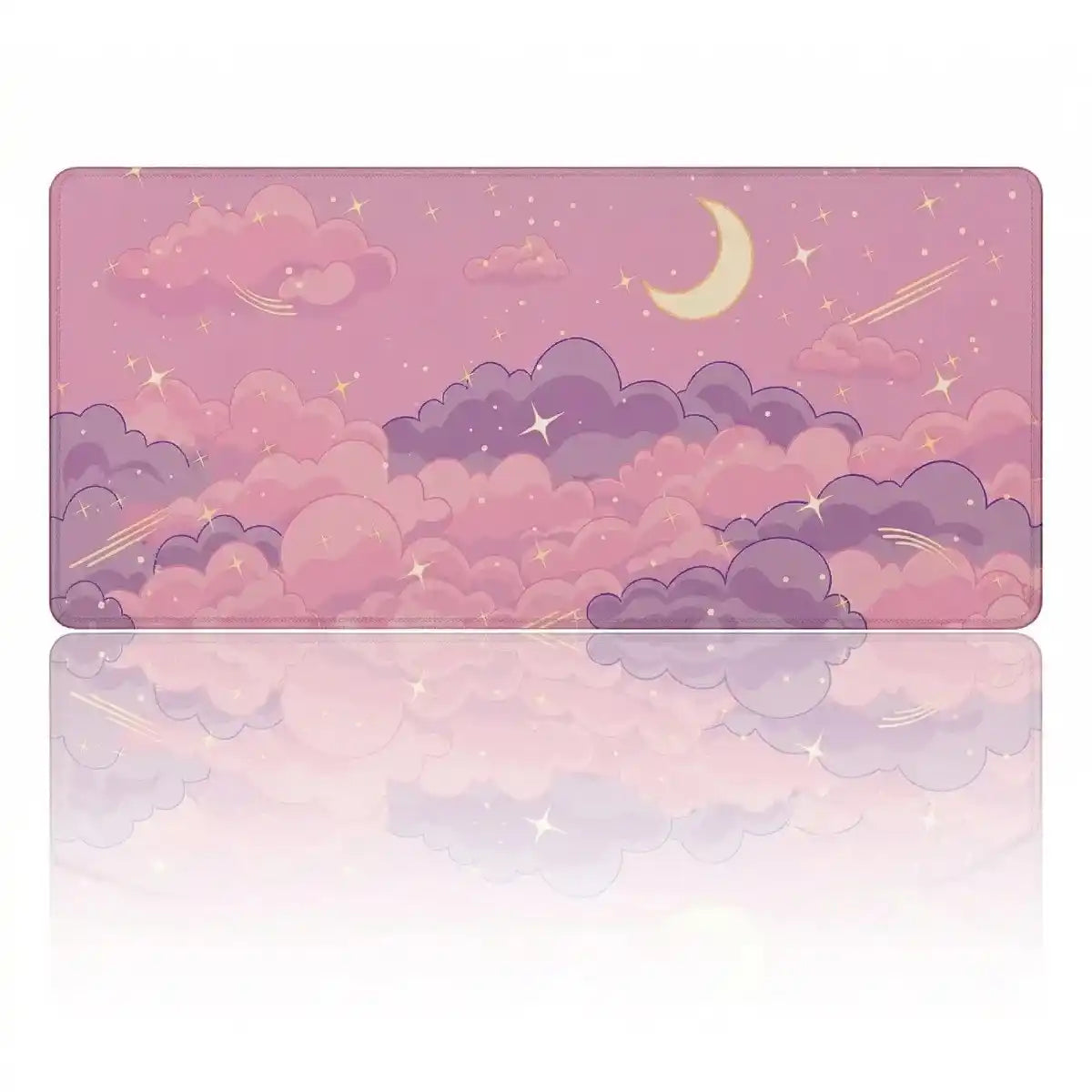 Tapis de souris XXL Skyscape de couleur rose pastel avec un motif de nuages moelleux et lune pour une esthétique douce et onirique.