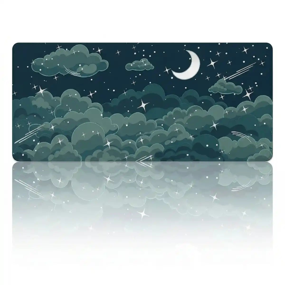 Tapis de souris XXL Skyscape de couleur vert turquoise profond avec un design de nuages et lune, idéal pour une esthétique mystique.