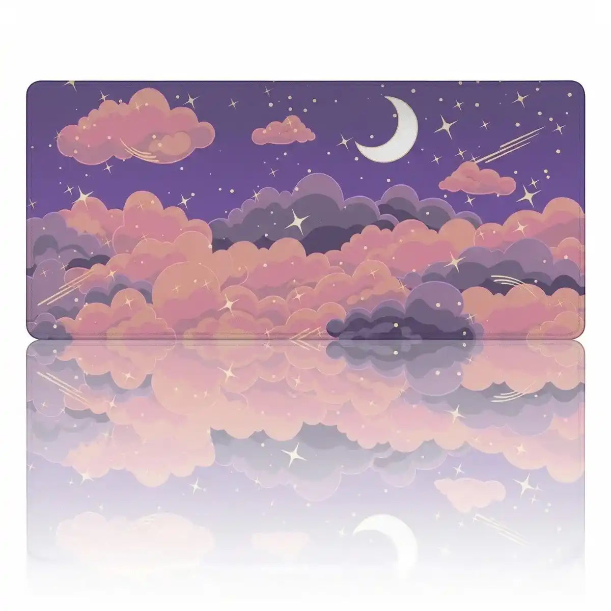 Tapis de souris XXL Skyscape de couleur violet mauve avec des nuages orange pêche et lune pour une décoration de bureau cosmique.