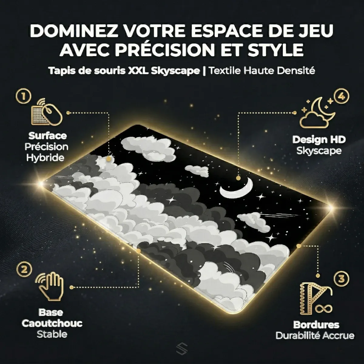 Image technique du tapis de souris XXL Skyscape détaillant ses 4 points forts : surface hybride, base stable, bordures durables et design haute définition.