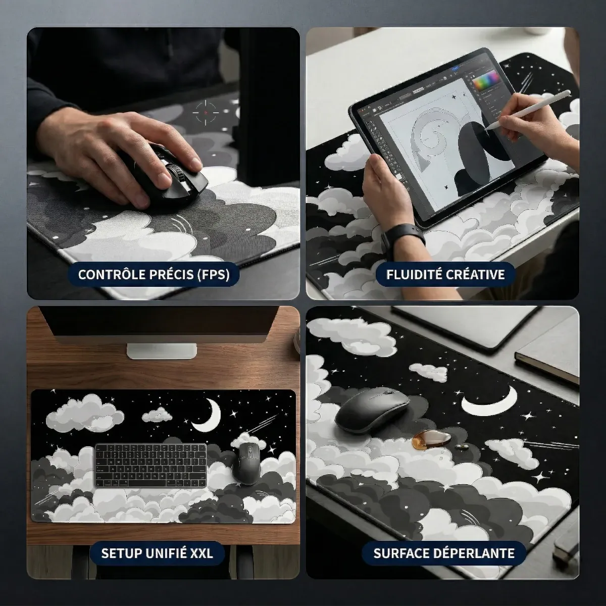 Infographie du tapis de souris XXL Skyscape montrant les 4 bénéfices : contrôle précis, fluidité créative, setup unifié et surface déperlante.