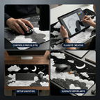Infographie du tapis de souris XXL Skyscape montrant les 4 bénéfices : contrôle précis, fluidité créative, setup unifié et surface déperlante.