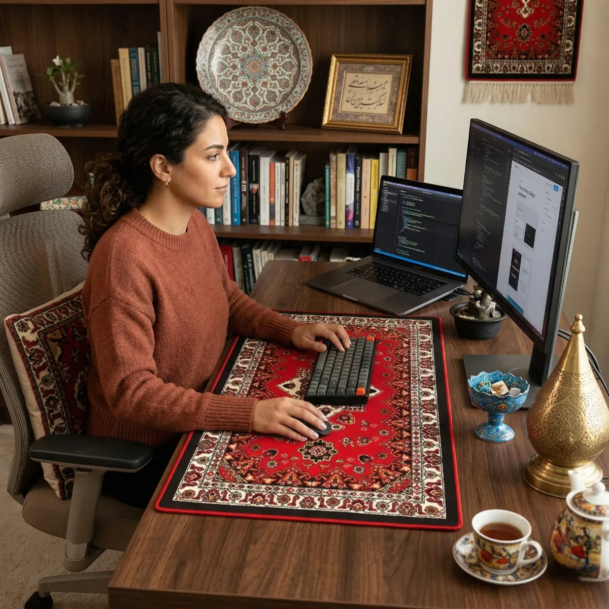 Femme assise à un bureau de gaming utilisant le tapis de souris Atlas Heritage XXL en tissu micro-tissé pour une précision et une glisse persane optimales avec son clavier et sa souris.