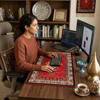 Femme assise à un bureau de gaming utilisant le tapis de souris Atlas Heritage XXL en tissu micro-tissé pour une précision et une glisse persane optimales avec son clavier et sa souris.