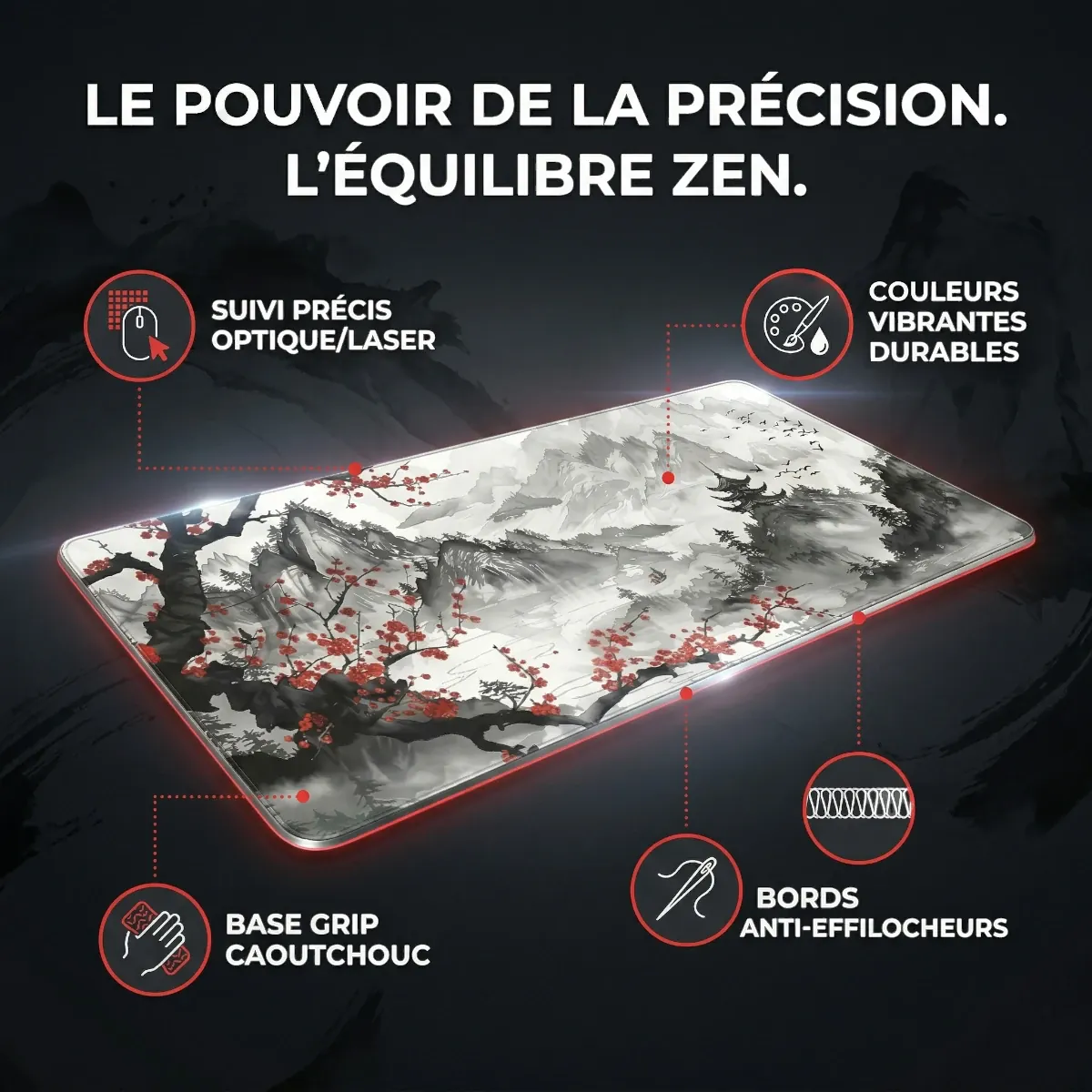 Infographie technique du tapis de souris Zen Flow XXL détaillant la base grip et les bords anti-effilocheurs.