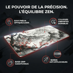 Infographie technique du tapis de souris Zen Flow XXL détaillant la base grip et les bords anti-effilocheurs.