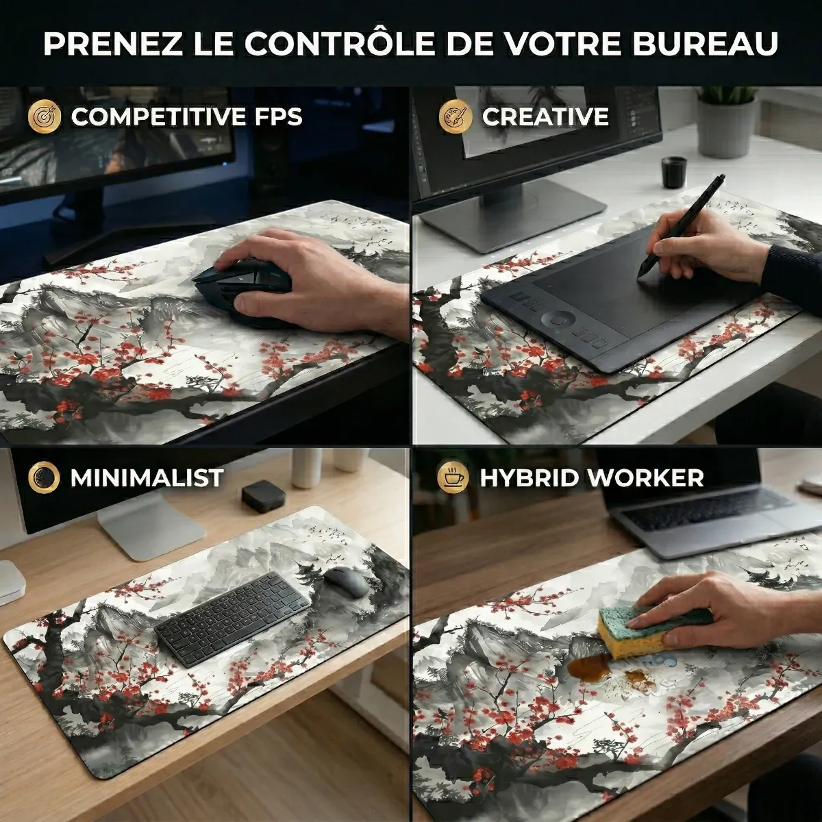 Mosaïque d'utilisation du tapis de souris Zen Flow XXL pour le gaming FPS, le design créatif et le travail hybride.
