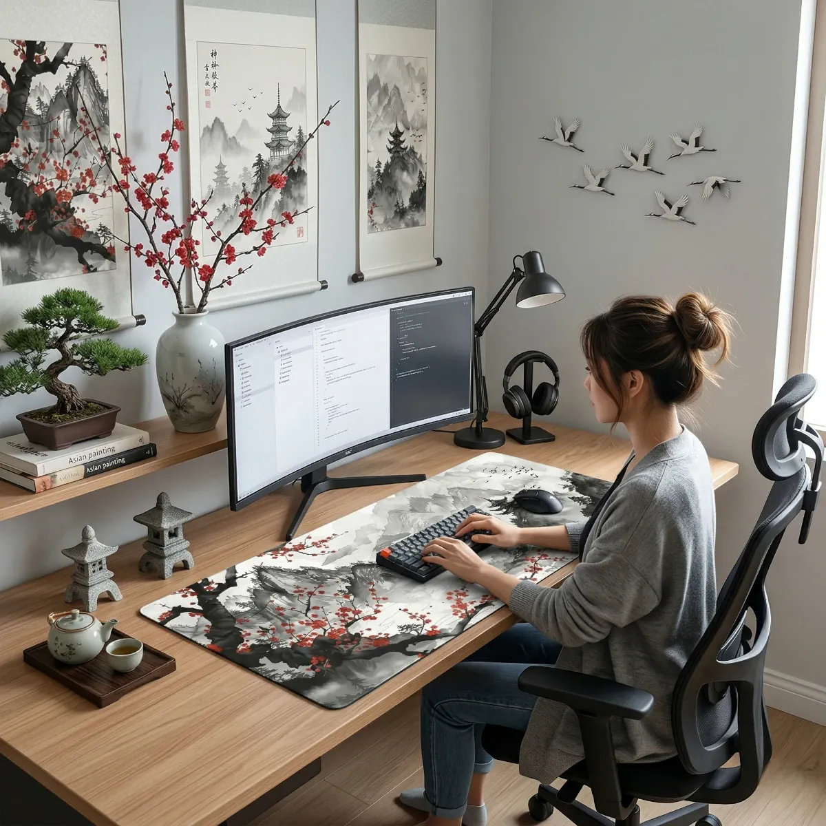 Ambiance home office zen avec une femme travaillant sur le tapis de souris Zen Flow XXL haute précision.