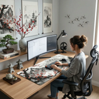Ambiance home office zen avec une femme travaillant sur le tapis de souris Zen Flow XXL haute précision.