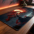 Tapis de souris XXL Crimson Bonsai sur un bureau en bois avec éclairage LED. Design zen japonais d'un bonsaï rouge sous une lune sanglante, parfait pour setup gaming ou bureau haut de gamme.