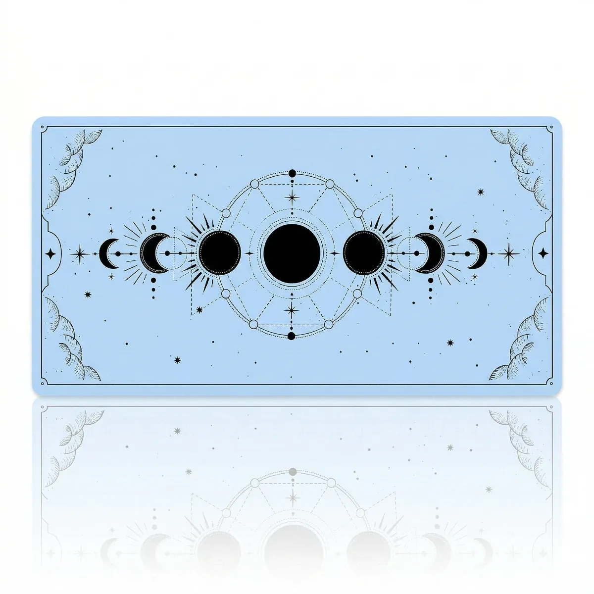 Tapis de souris XXL Celestial Arcana Glide, fond Bleu ciel très clair, phases de lune et tracé noirs.