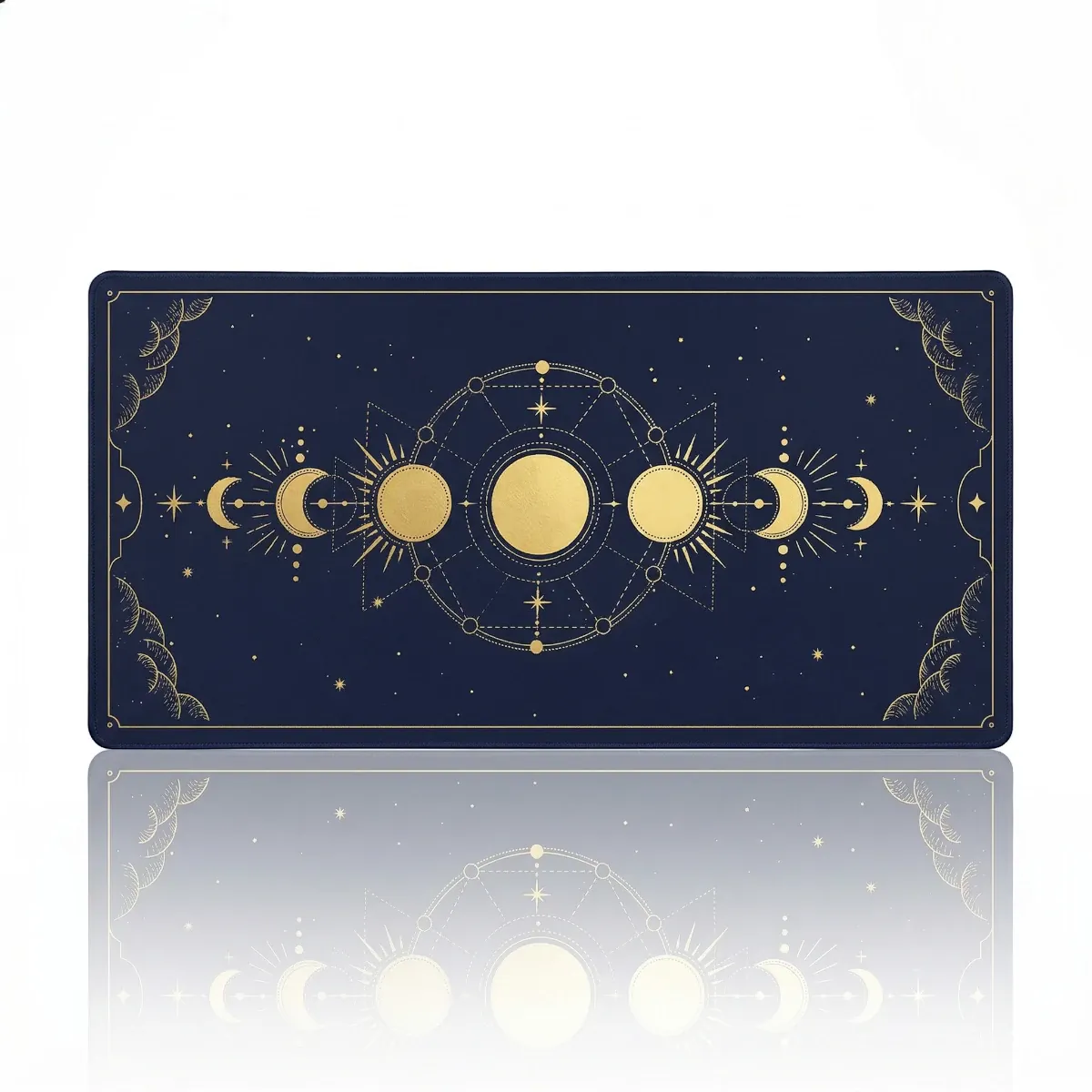Tapis de souris XXL Celestial Arcana Glide, fond Bleu Marine foncé, phases de lune et tracé or.