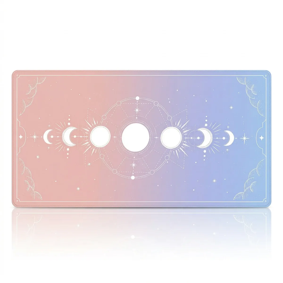 Texte Alt : Tapis de souris XXL Celestial Arcana Glide, dégradé Orange/Pêche vers Bleu/Violet, phases de lune blanches.