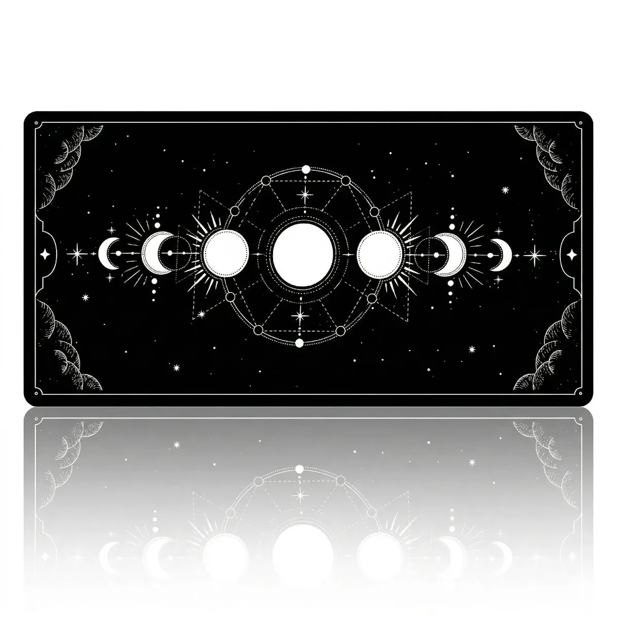 Tapis de souris XXL Celestial Arcana Glide, fond Noir pur, phases de lune et tracé blancs.
