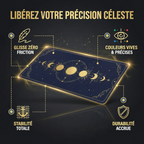 Une infographie technique détaillée intitulée 'LIBÉREZ VOTRE PRÉCISION CÉLESTE' pour le Tapis de souris Celestial Arcana Glide – Tissu Micro-Texturé – XXL – Précision & Glisse Mystique. Des points d'appel sur fond noir et or mettent en évidence les caractéristiques clés : 'GLISSE ZÉRO FRICTION', 'COULEURS VIVES & PRÉCISES', 'STABILITÉ TOTALE' et 'DURABILITÉ ACCRUE'.