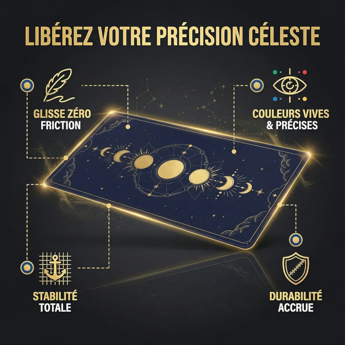Une infographie technique détaillée intitulée 'LIBÉREZ VOTRE PRÉCISION CÉLESTE' pour le Tapis de souris Celestial Arcana Glide – Tissu Micro-Texturé – XXL – Précision & Glisse Mystique. Des points d'appel sur fond noir et or mettent en évidence les caractéristiques clés : 'GLISSE ZÉRO FRICTION', 'COULEURS VIVES & PRÉCISES', 'STABILITÉ TOTALE' et 'DURABILITÉ ACCRUE'.