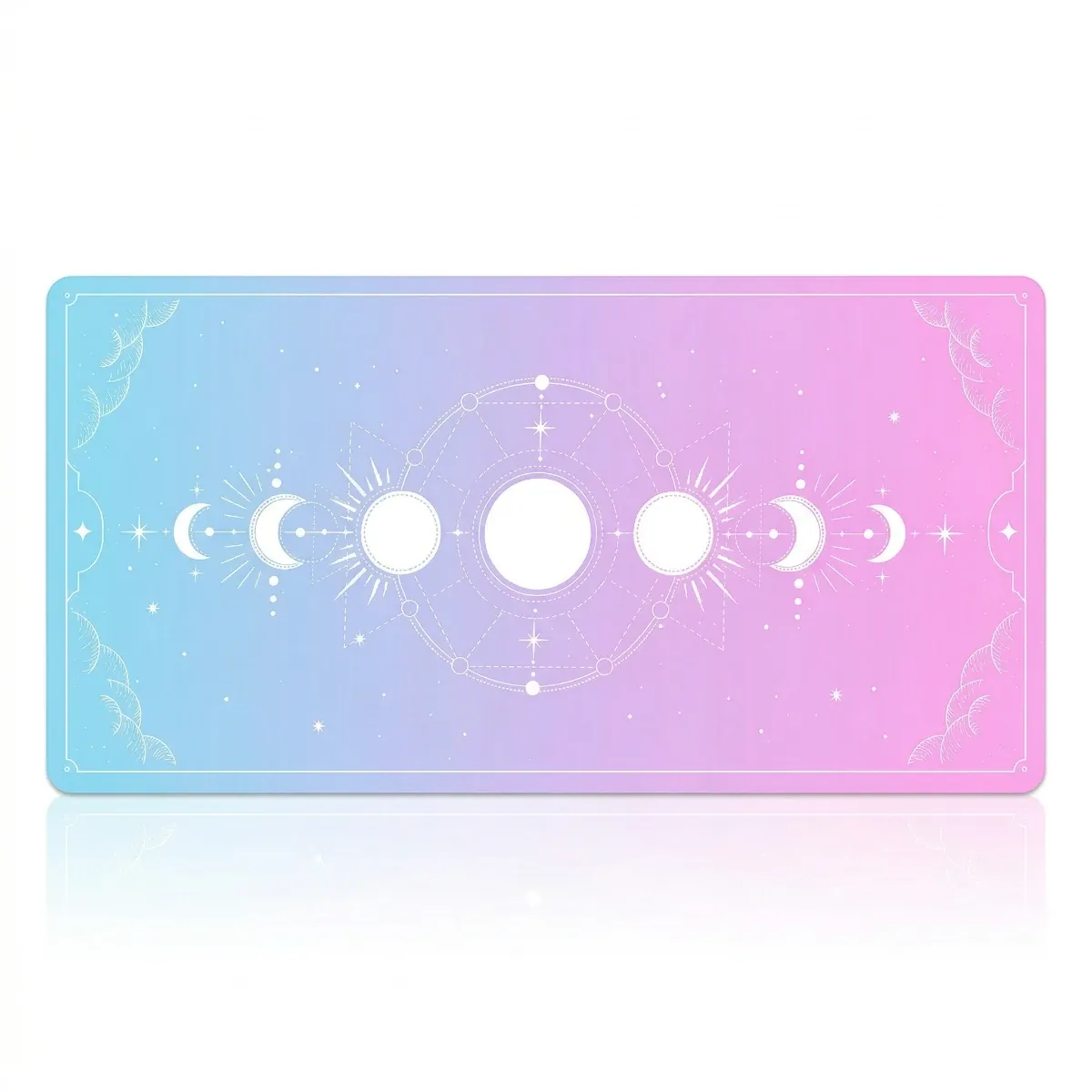 Tapis de souris XXL Celestial Arcana Glide, dégradé du Bleu vers le Rose/Violet, phases de lune blanches.