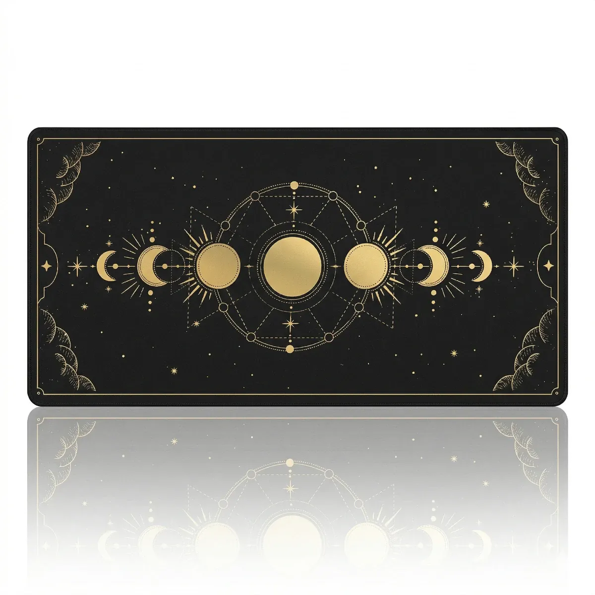 Tapis de souris XXL Celestial Arcana Glide, fond Noir pur, phases de lune et tracé or.