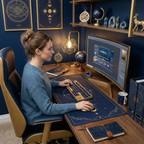 Une femme assise à un bureau thématique, utilisant activement le Tapis de souris Celestial Arcana Glide – Tissu Micro-Texturé – XXL – Précision & Glisse Mystique. L'image montre comment le tapis s'intègre naturellement dans un environnement créatif et inspirant, entouré de décorations célestes et géométriques, tandis qu'elle travaille sur son moniteur.