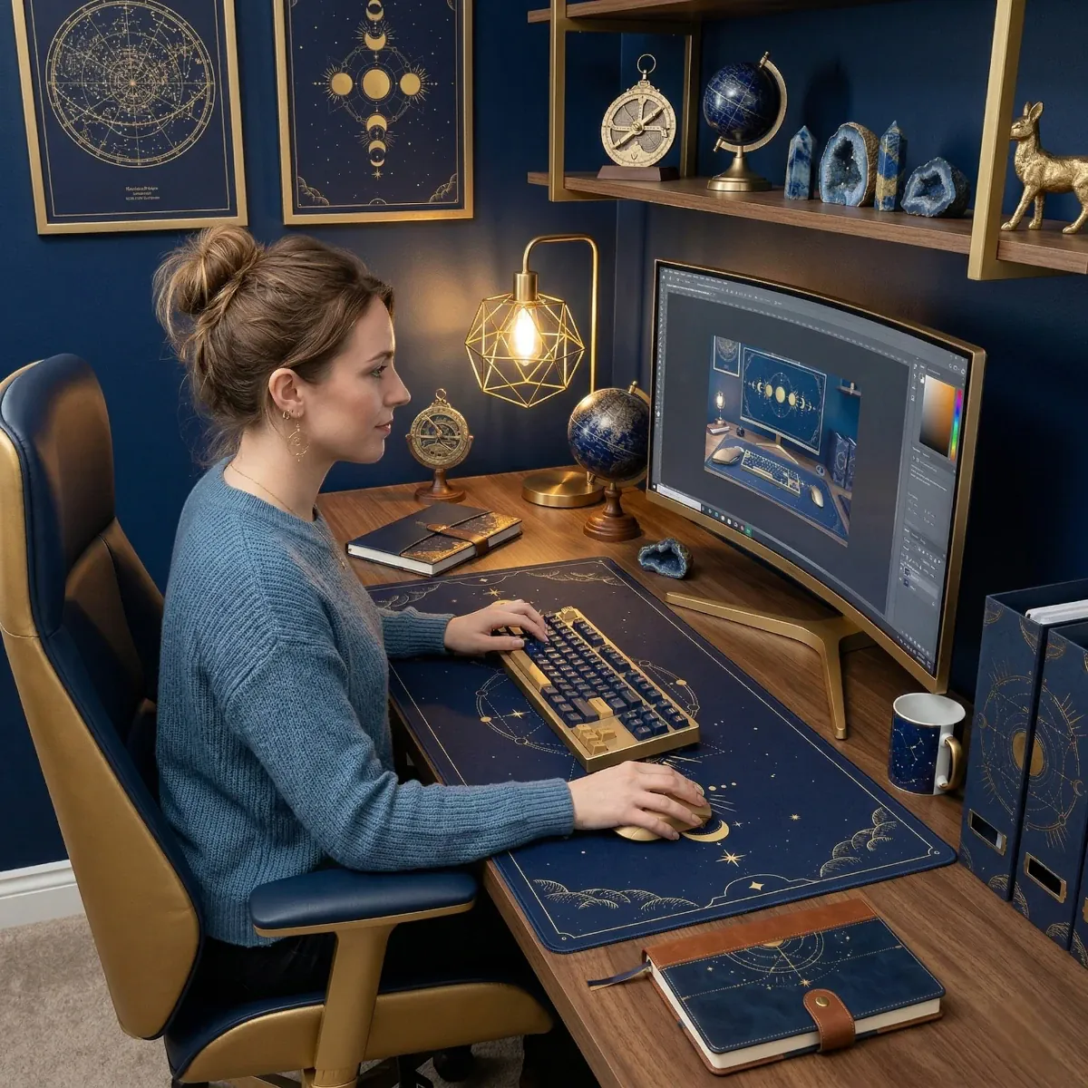 Une femme assise à un bureau thématique, utilisant activement le Tapis de souris Celestial Arcana Glide – Tissu Micro-Texturé – XXL – Précision & Glisse Mystique. L'image montre comment le tapis s'intègre naturellement dans un environnement créatif et inspirant, entouré de décorations célestes et géométriques, tandis qu'elle travaille sur son moniteur.