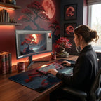 Ambiance de bureau avec Tapis de Souris Crimson Bonsai XXL, Revêtement Micro-texturé, Précision & Glisse. Vue avec moniteur, clavier, souris, tasse et bonsaï.