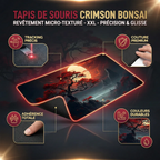 Infographie technique Tapis de Souris Crimson Bonsai XXL : Revêtement Micro-texturé, Précision & Glisse, Tracking Précis, Couture Premium, Adhérence Totale, Couleurs Durables.
