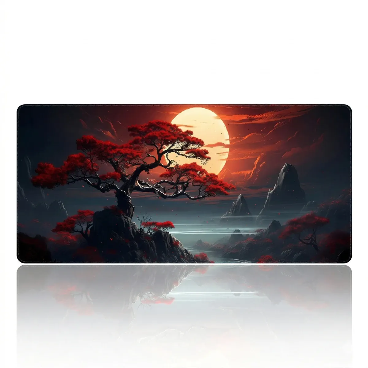 Tapis de Souris Crimson Bonsai XXL, Revêtement Micro-texturé, Précision & Glisse. Vue de face avec reflet, sur fond blanc.