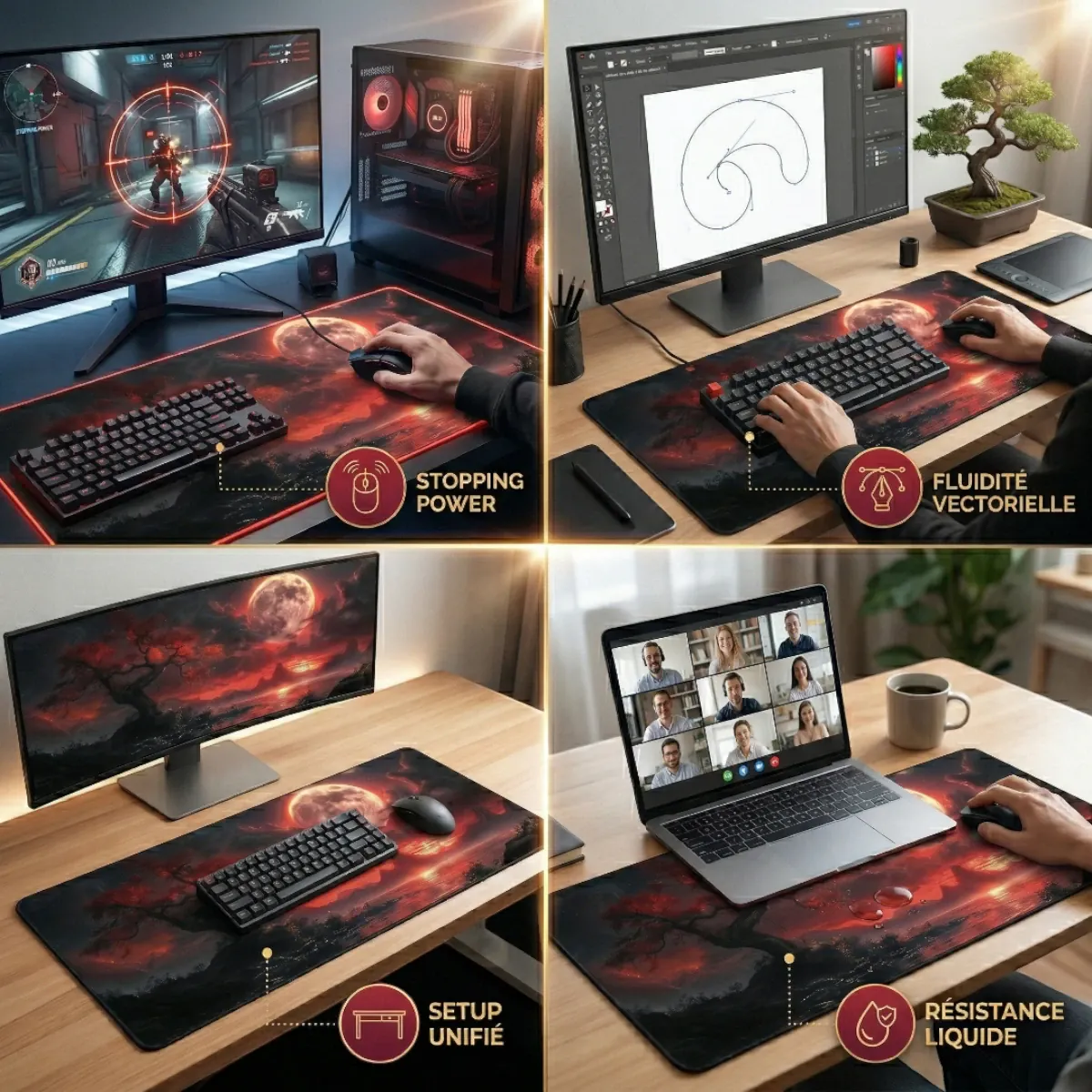 Fiche produit Tapis de Souris Crimson Bonsai XXL. Quatre scènes d'utilisation : Gaming FPS (Stopping Power), Graphiste (Fluidité Vectorielle), Setup Unifié, Résistance Liquide.