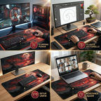 Fiche produit Tapis de Souris Crimson Bonsai XXL. Quatre scènes d'utilisation : Gaming FPS (Stopping Power), Graphiste (Fluidité Vectorielle), Setup Unifié, Résistance Liquide.