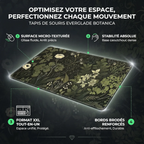 Infographie technique du tapis de souris Everglade Botanica XXL, détaillant sa surface micro-texturée, sa stabilité, son format XXL et ses bords renforcés.