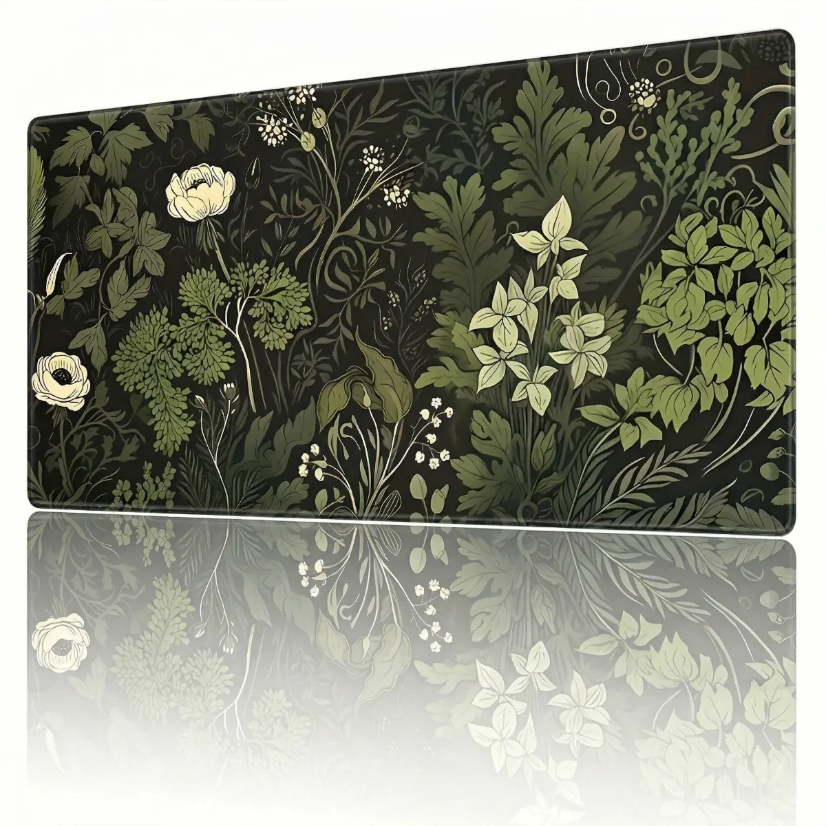 Tapis de souris Everglade Botanica XXL en vue de perspective, montrant le design floral botanique détaillé sur un tissu micro-texturé pour une glisse de précision.