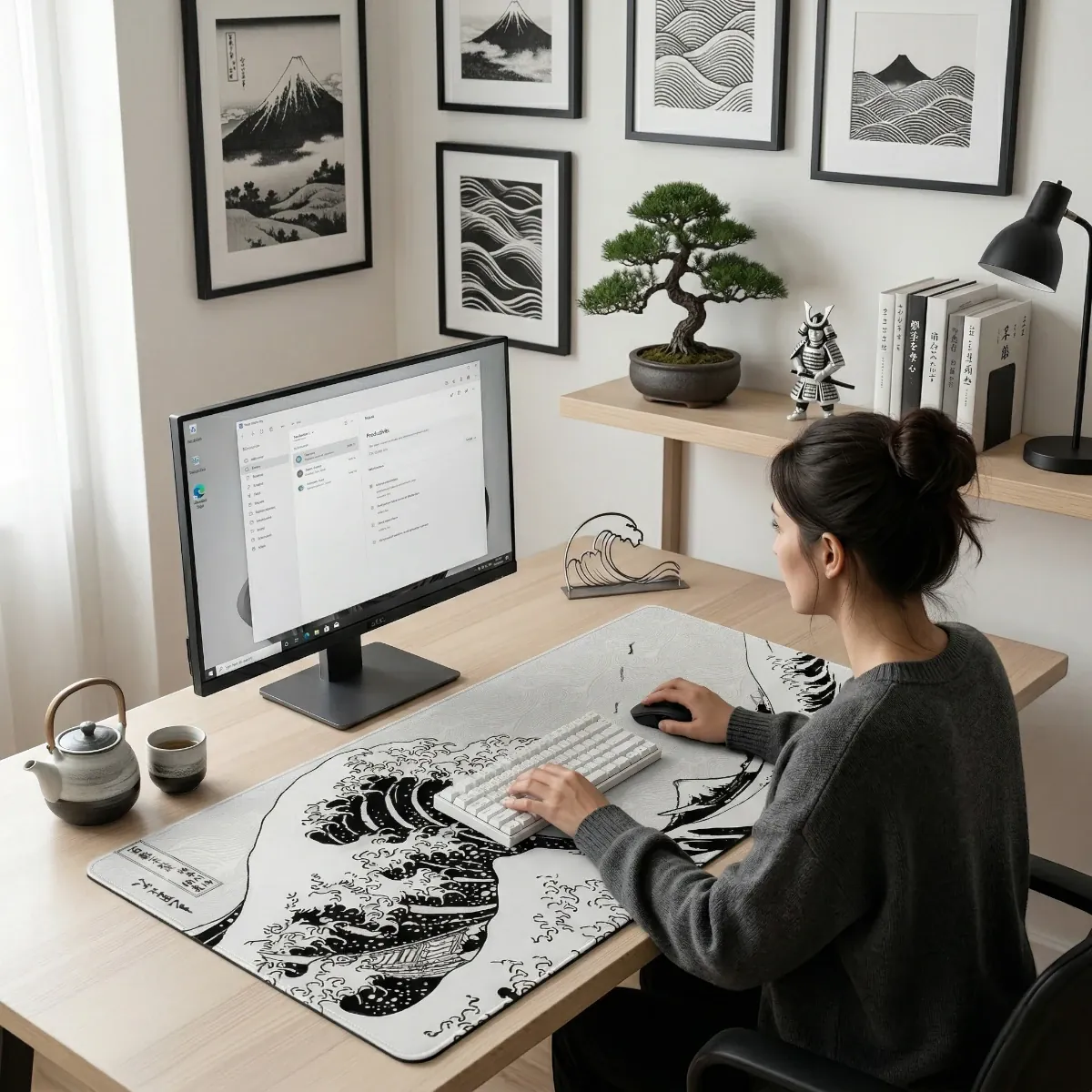 Setup de bureau ergonomique épuré avec un moniteur de 27 pouces surélevé, un clavier mécanique blanc et une souris, tous positionnés sur le tapis de souris Kanto Flow Edition (format XXL) avec son design de Grande Vague.