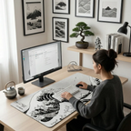 Setup de bureau ergonomique épuré avec un moniteur de 27 pouces surélevé, un clavier mécanique blanc et une souris, tous positionnés sur le tapis de souris Kanto Flow Edition (format XXL) avec son design de Grande Vague.