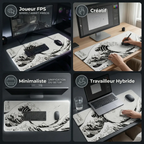Quatre scenarios d'utilisation du tapis de souris Kanto Flow Edition : pour le Joueur FPS (vitesse), le Créatif (fluidité), le Minimaliste (unification du setup) et le Travailleur Hybride (surface lavable et déperlante).