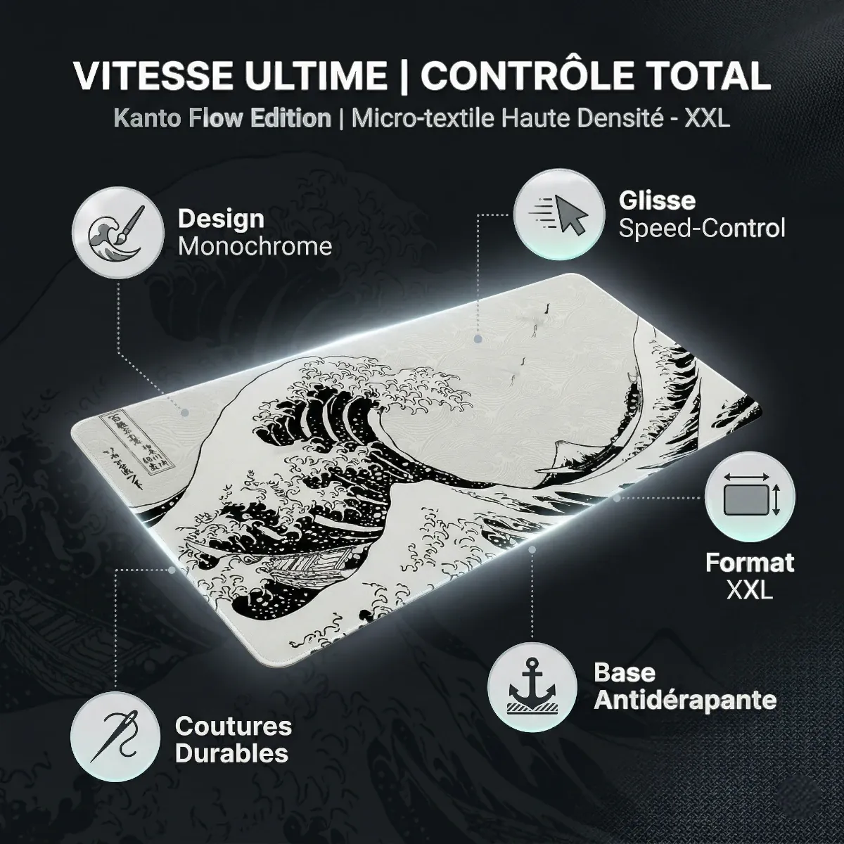 Infographie produit en vue 3D éclatée pour le tapis de souris Kanto Flow Edition, mettant en évidence ses cinq caractéristiques clefs : design monochrome, glisse speed-control, format XXL, coutures durables et base antidérapante.