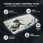 Infographie produit en vue 3D éclatée pour le tapis de souris Kanto Flow Edition, mettant en évidence ses cinq caractéristiques clefs : design monochrome, glisse speed-control, format XXL, coutures durables et base antidérapante.