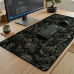 Gros plan d'un tapis de souris Kumo Kuro (Noir orage) avec motif de nuages japonais sur un bureau en bois, sous un clavier mécanique, une souris et un écran affichant du code.