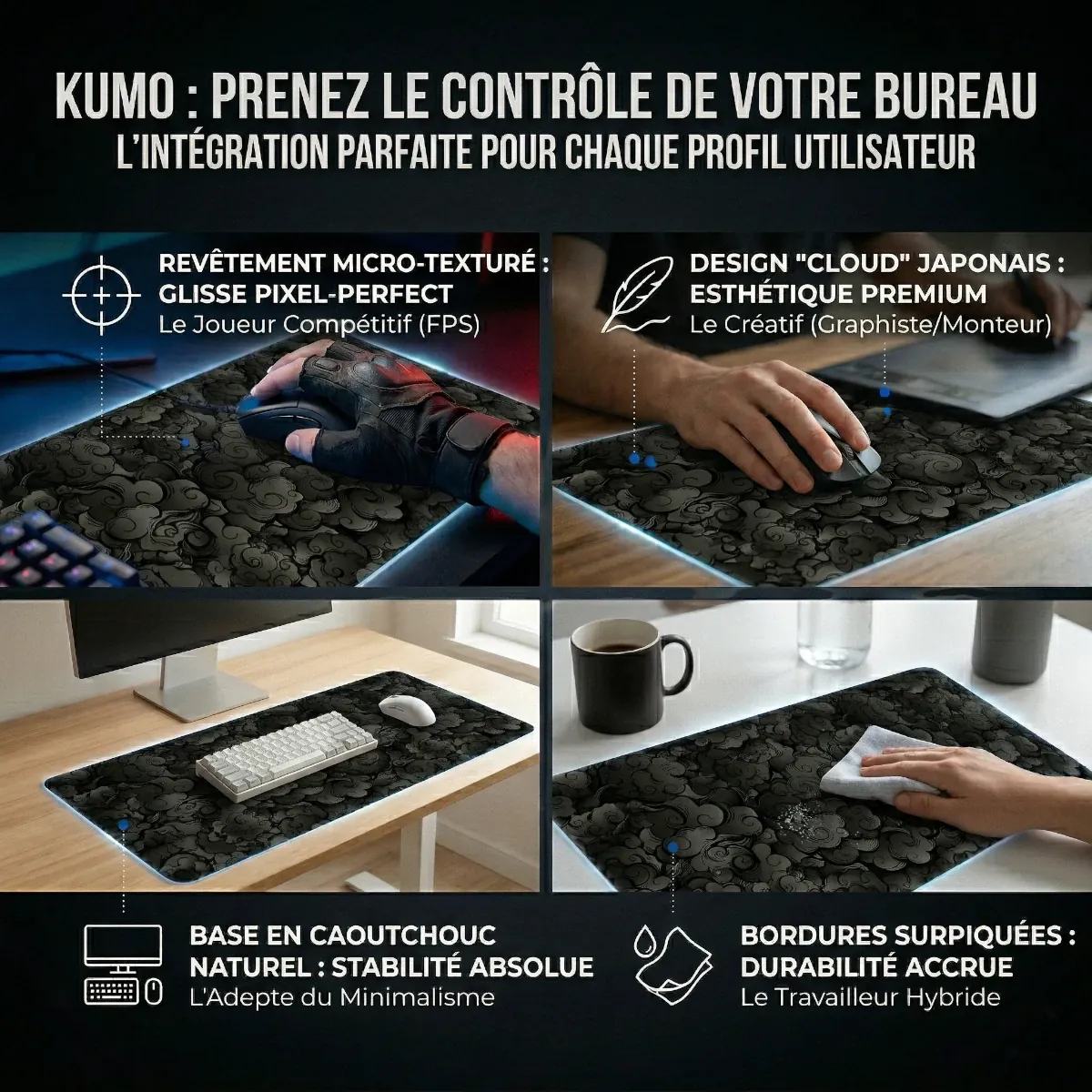 Infographie en quatre panneaux montrant le tapis de souris Kumo Kuro (Noir orage) dans différents contextes d'utilisation : jeu (FPS), création graphique, minimalisme, et travail hybride, avec annotations en français.