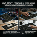 Infographie en quatre panneaux montrant le tapis de souris Kumo Kuro (Noir orage) dans différents contextes d'utilisation : jeu (FPS), création graphique, minimalisme, et travail hybride, avec annotations en français.